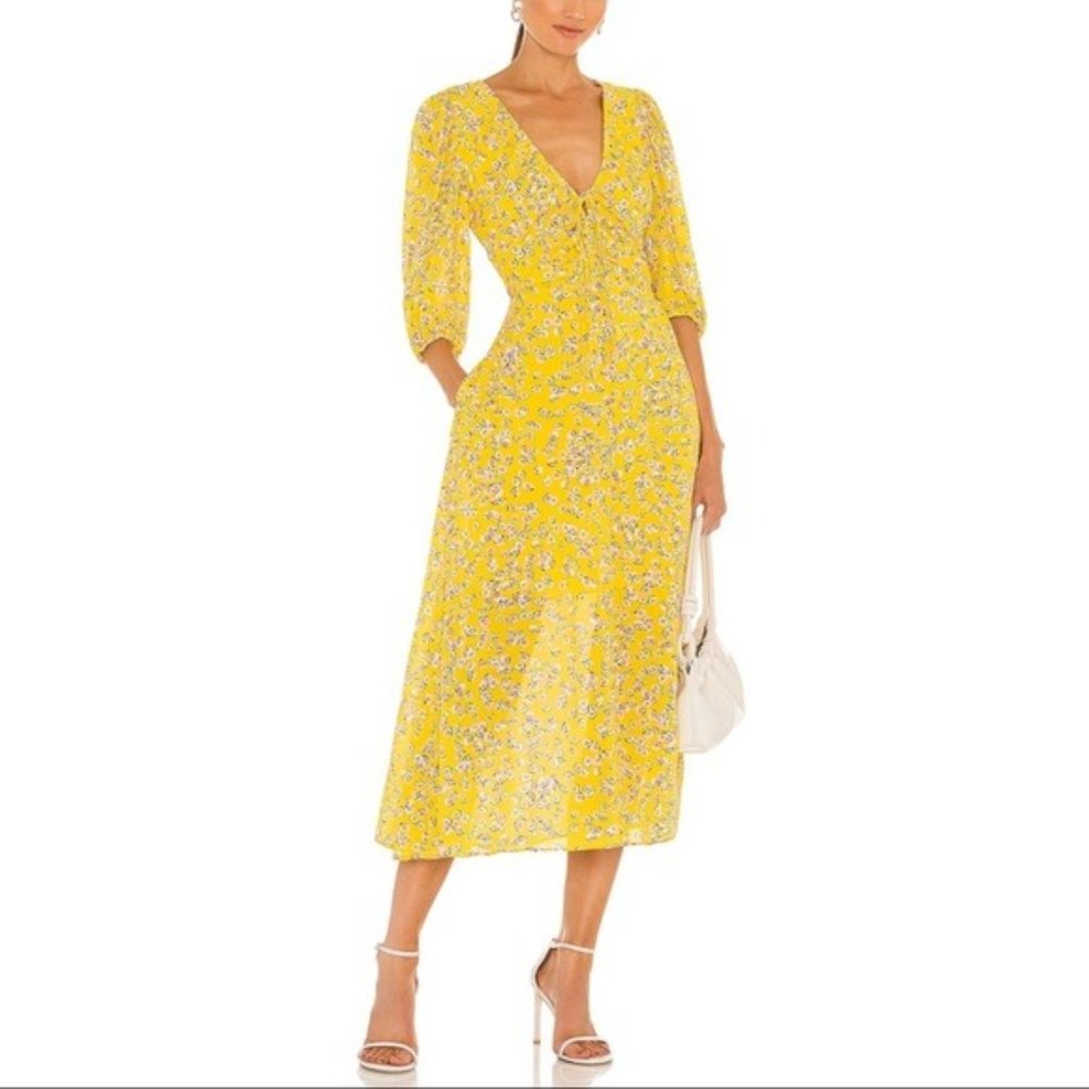 NICHOLAS Yellow Floral A-Line Midi Dress V Neck Puff Sleeve Tea Length US 4 New